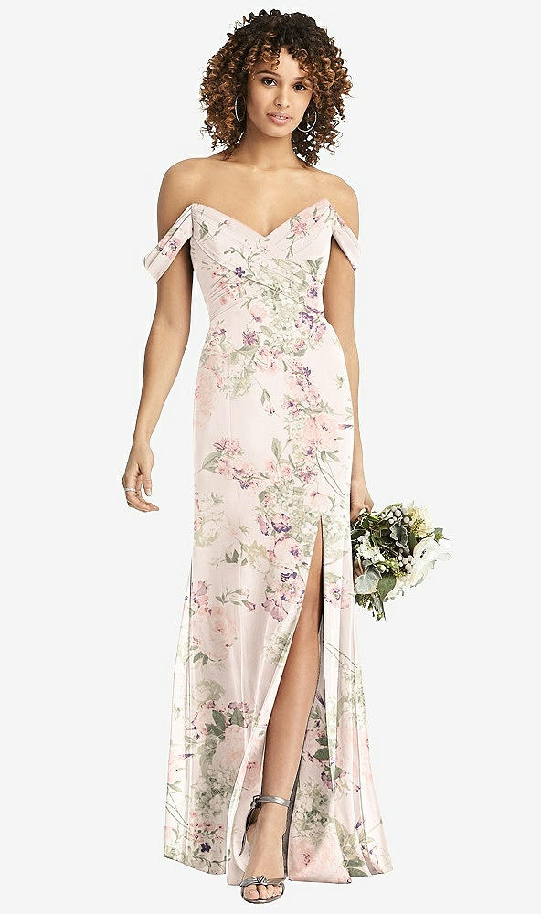Front View - Blush Garden Off-the-Shoulder Criss Cross Bodice Trumpet Gown