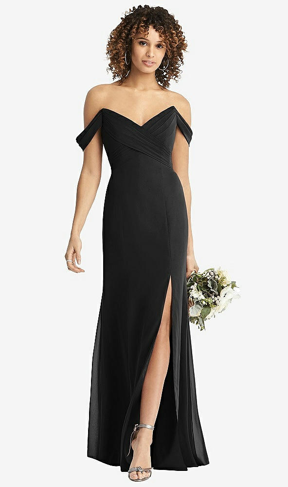 Front View - Black Off-the-Shoulder Criss Cross Bodice Trumpet Gown