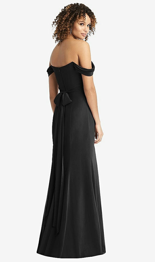 Back View - Black Off-the-Shoulder Criss Cross Bodice Trumpet Gown