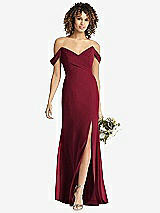 Front View Thumbnail - Burgundy Off-the-Shoulder Criss Cross Bodice Trumpet Gown