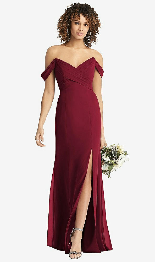 Front View - Burgundy Off-the-Shoulder Criss Cross Bodice Trumpet Gown
