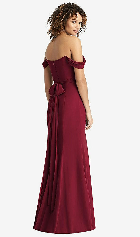 Back View - Burgundy Off-the-Shoulder Criss Cross Bodice Trumpet Gown