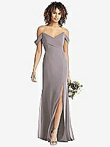Front View Thumbnail - Cashmere Gray Off-the-Shoulder Criss Cross Bodice Trumpet Gown