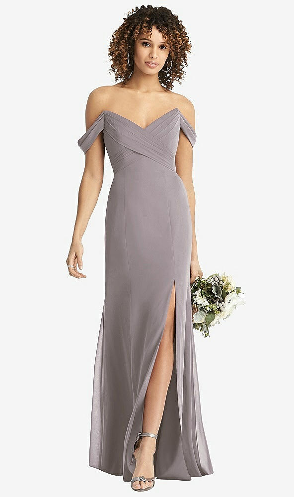 Front View - Cashmere Gray Off-the-Shoulder Criss Cross Bodice Trumpet Gown