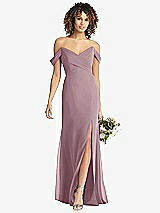 Front View Thumbnail - Dusty Rose Off-the-Shoulder Criss Cross Bodice Trumpet Gown