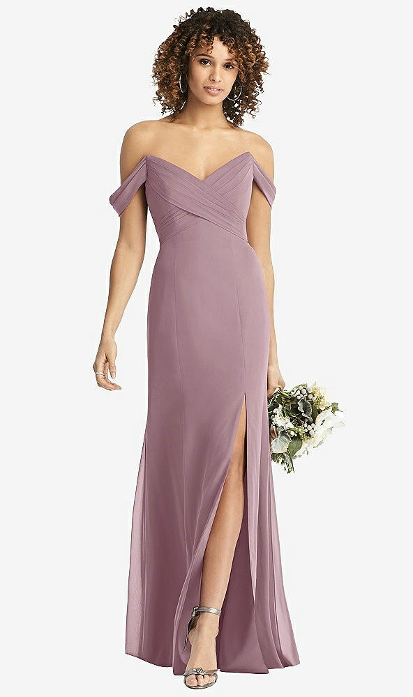 Front View - Dusty Rose Off-the-Shoulder Criss Cross Bodice Trumpet Gown