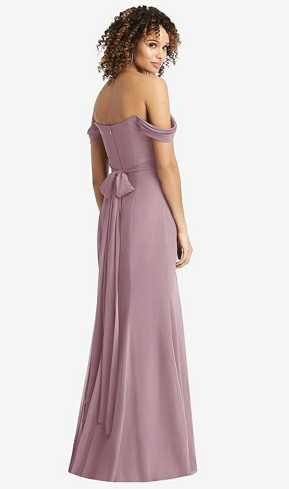 Back View - Dusty Rose Off-the-Shoulder Criss Cross Bodice Trumpet Gown