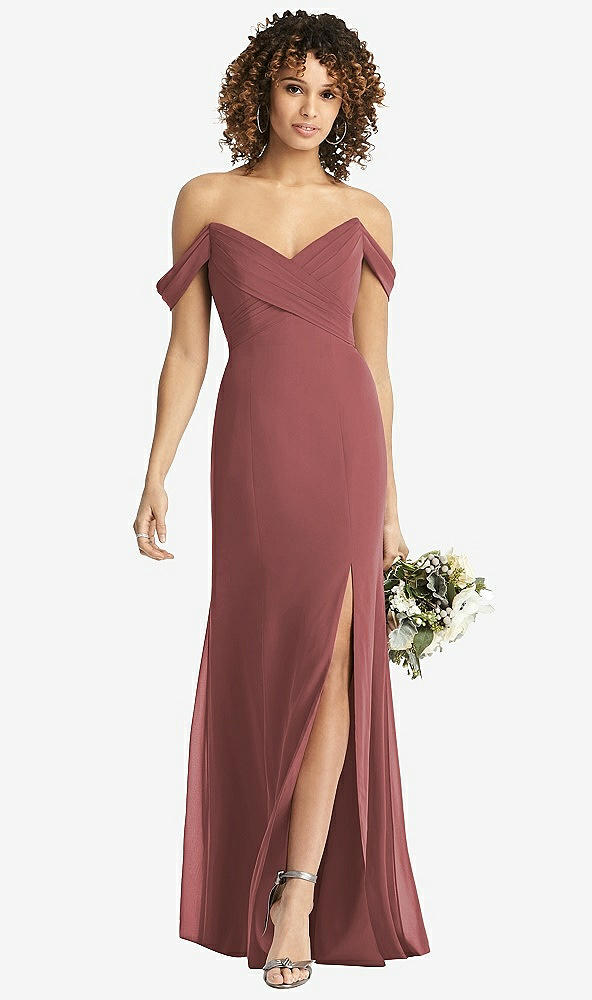 Front View - English Rose Off-the-Shoulder Criss Cross Bodice Trumpet Gown
