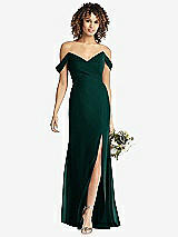 Front View Thumbnail - Evergreen Off-the-Shoulder Criss Cross Bodice Trumpet Gown