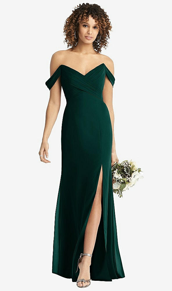 Front View - Evergreen Off-the-Shoulder Criss Cross Bodice Trumpet Gown