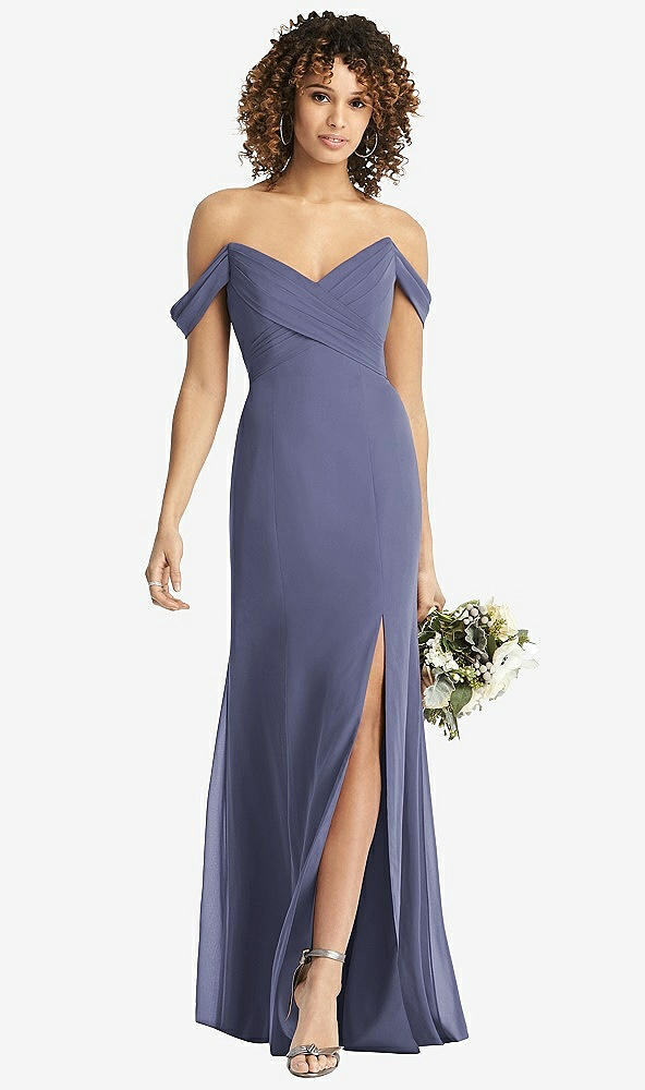 Front View - French Blue Off-the-Shoulder Criss Cross Bodice Trumpet Gown