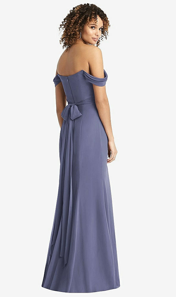 Back View - French Blue Off-the-Shoulder Criss Cross Bodice Trumpet Gown