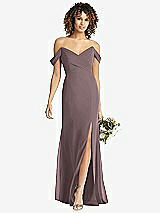Front View Thumbnail - French Truffle Off-the-Shoulder Criss Cross Bodice Trumpet Gown