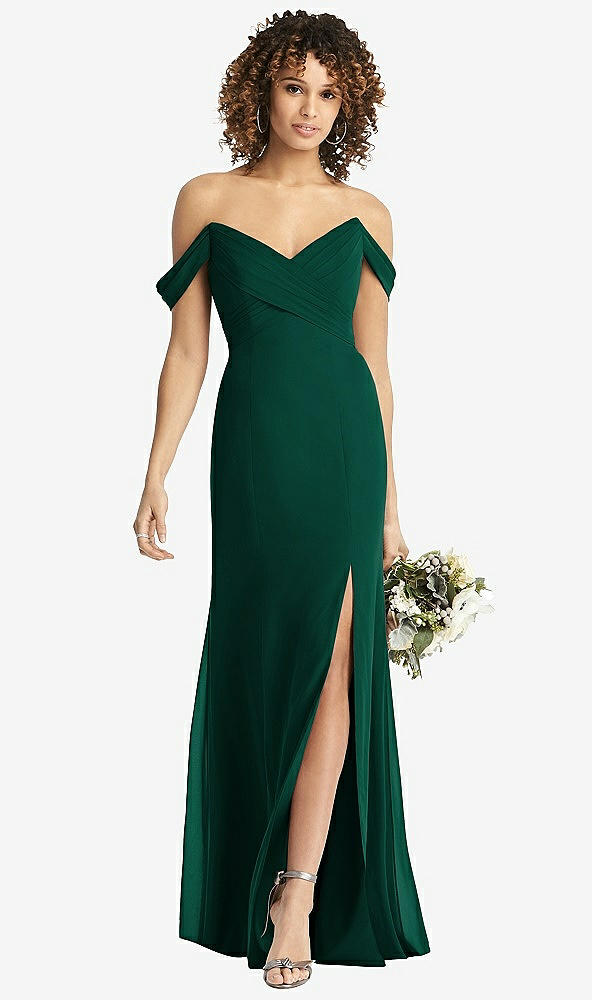 Front View - Hunter Green Off-the-Shoulder Criss Cross Bodice Trumpet Gown