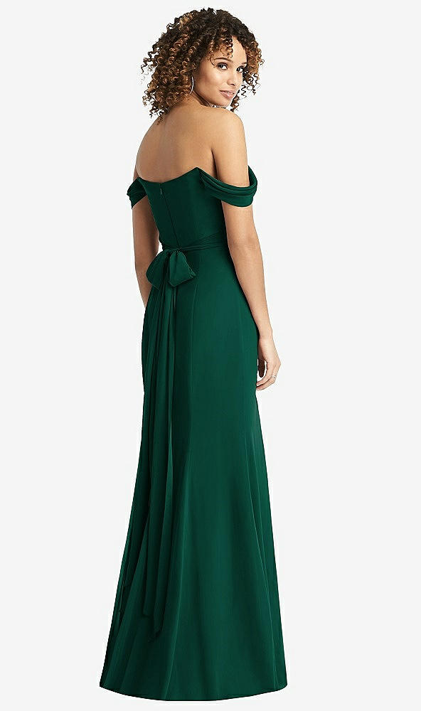 Back View - Hunter Green Off-the-Shoulder Criss Cross Bodice Trumpet Gown