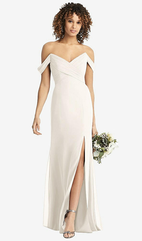 Front View - Ivory Off-the-Shoulder Criss Cross Bodice Trumpet Gown