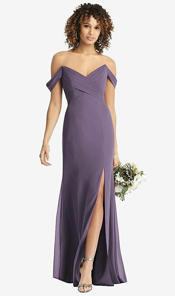 Front View - Lavender Off-the-Shoulder Criss Cross Bodice Trumpet Gown