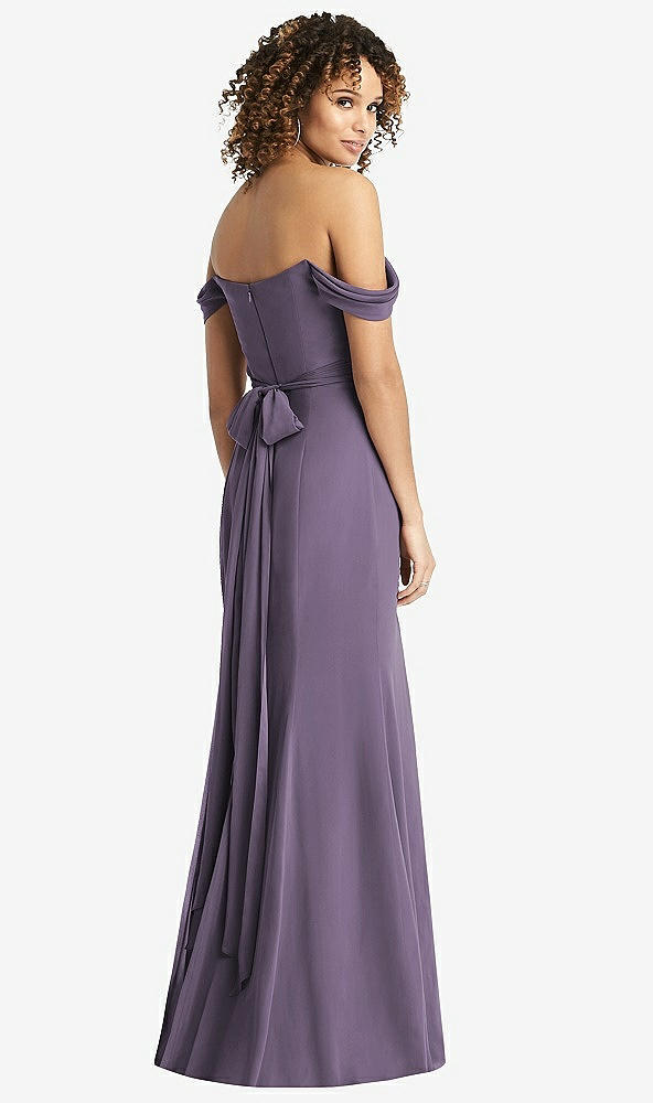 Back View - Lavender Off-the-Shoulder Criss Cross Bodice Trumpet Gown