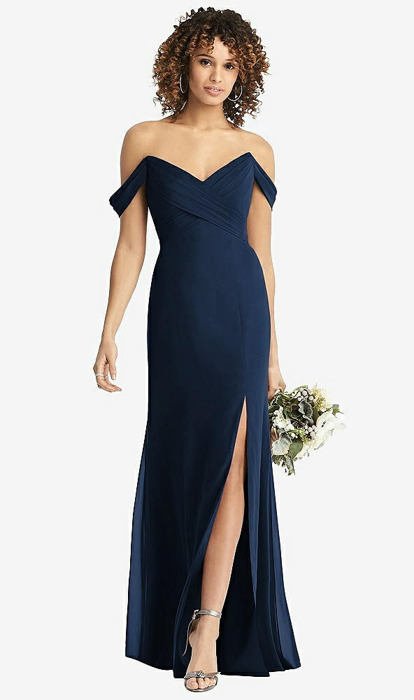 Front View - Midnight Navy Off-the-Shoulder Criss Cross Bodice Trumpet Gown