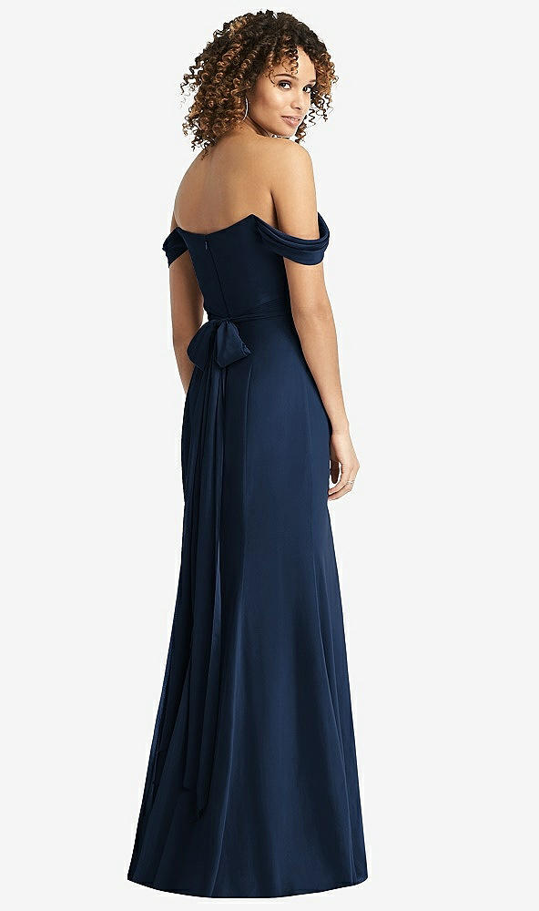 Back View - Midnight Navy Off-the-Shoulder Criss Cross Bodice Trumpet Gown