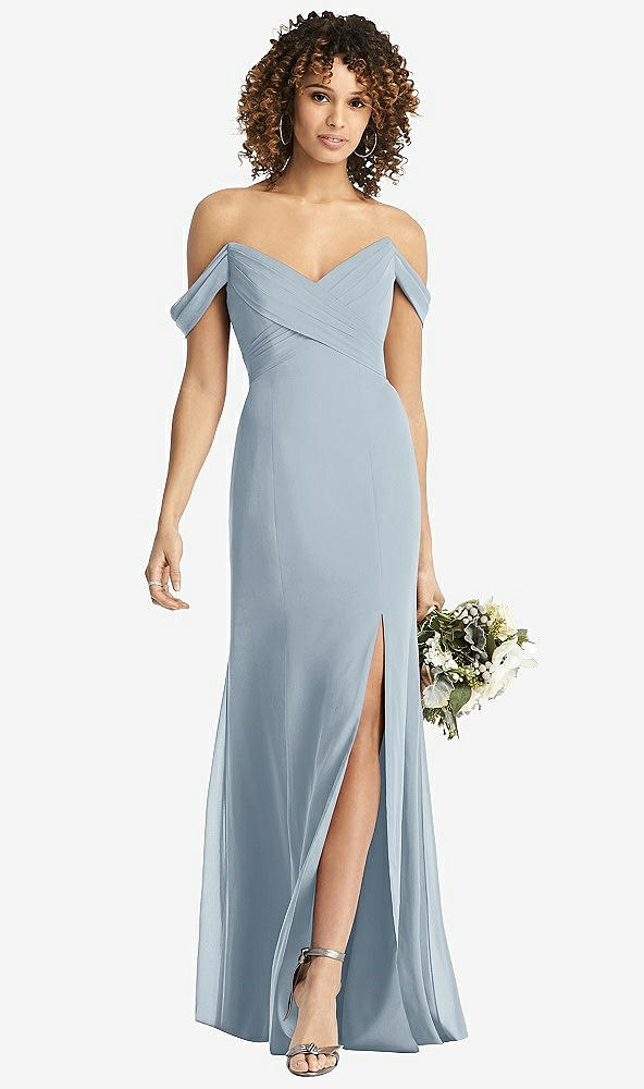 Front View - Mist Off-the-Shoulder Criss Cross Bodice Trumpet Gown