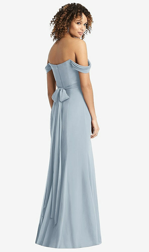 Back View - Mist Off-the-Shoulder Criss Cross Bodice Trumpet Gown