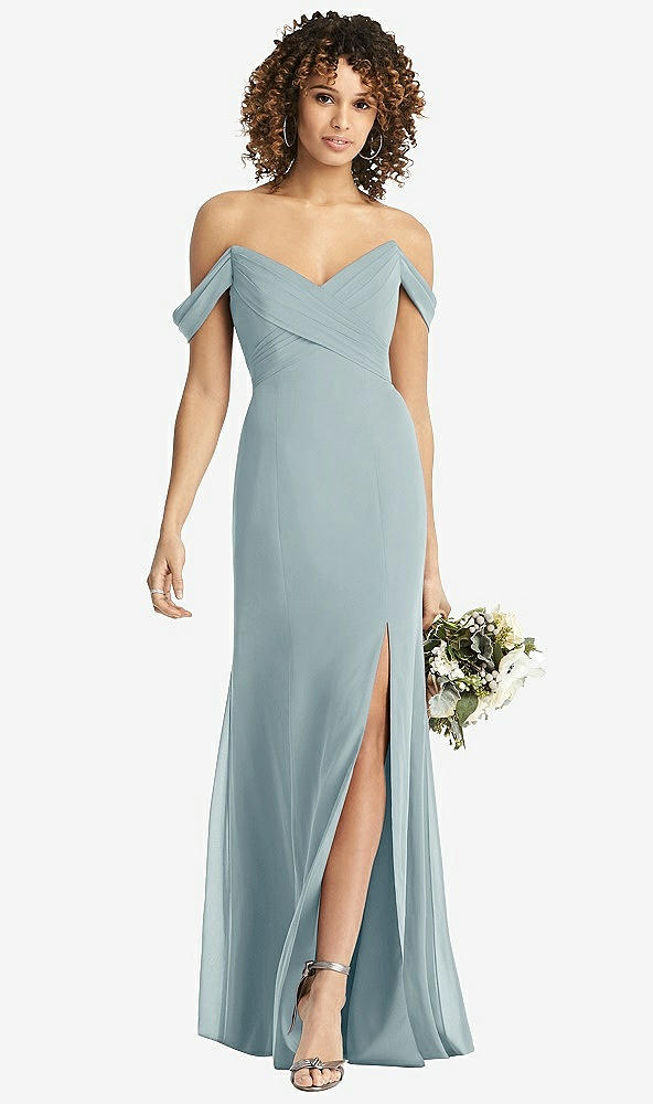 Front View - Morning Sky Off-the-Shoulder Criss Cross Bodice Trumpet Gown