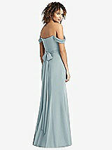 Rear View Thumbnail - Morning Sky Off-the-Shoulder Criss Cross Bodice Trumpet Gown