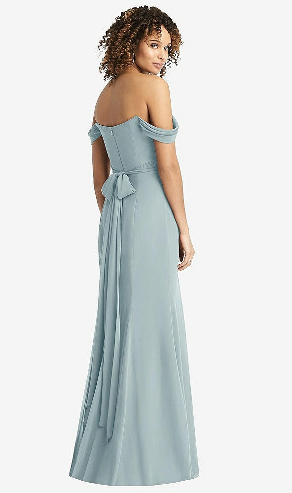 Back View - Morning Sky Off-the-Shoulder Criss Cross Bodice Trumpet Gown