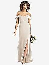 Front View Thumbnail - Oat Off-the-Shoulder Criss Cross Bodice Trumpet Gown