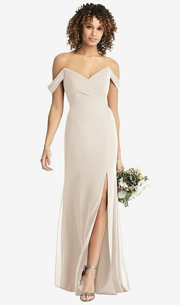 Front View - Oat Off-the-Shoulder Criss Cross Bodice Trumpet Gown