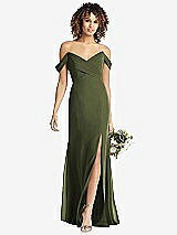 Front View Thumbnail - Olive Green Off-the-Shoulder Criss Cross Bodice Trumpet Gown