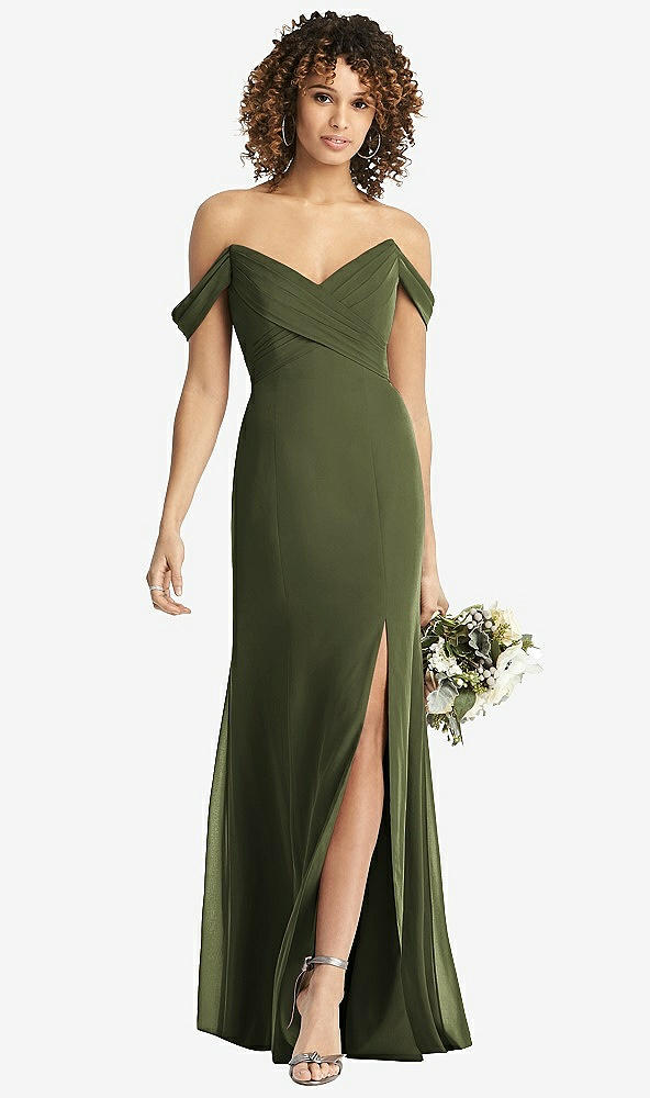 Front View - Olive Green Off-the-Shoulder Criss Cross Bodice Trumpet Gown