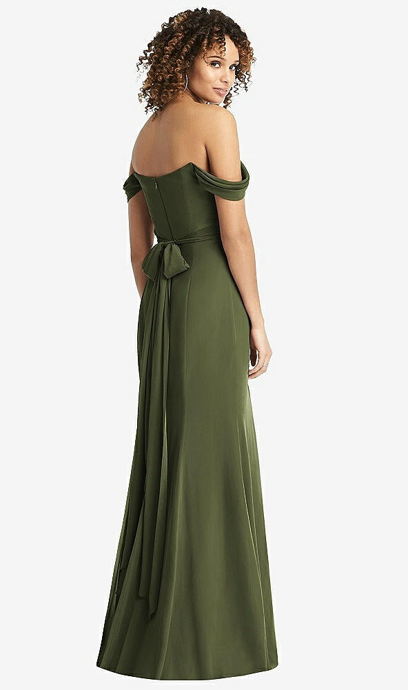 Back View - Olive Green Off-the-Shoulder Criss Cross Bodice Trumpet Gown