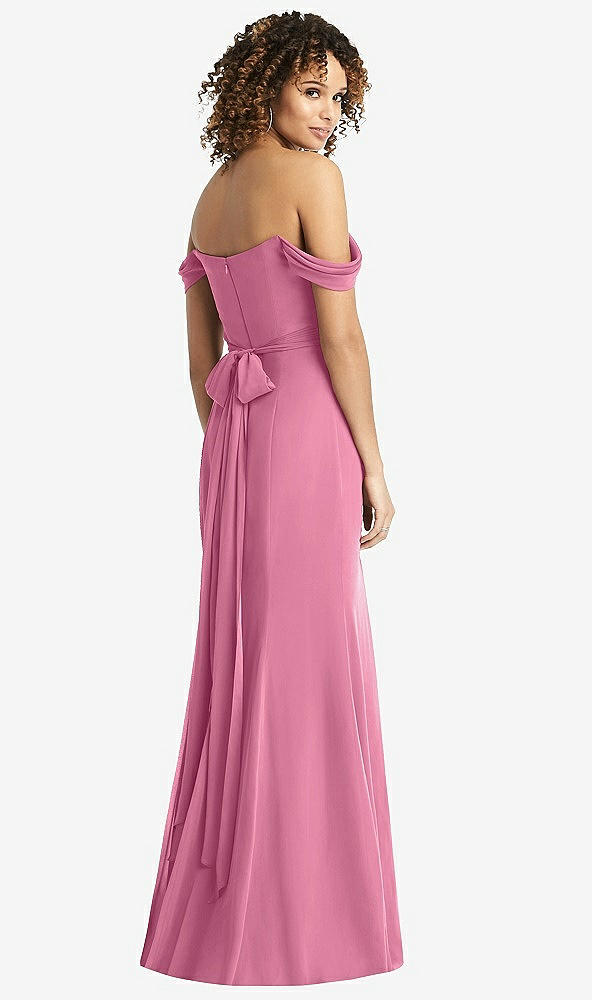 Back View - Orchid Pink Off-the-Shoulder Criss Cross Bodice Trumpet Gown