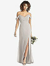 Front View Thumbnail - Oyster Off-the-Shoulder Criss Cross Bodice Trumpet Gown