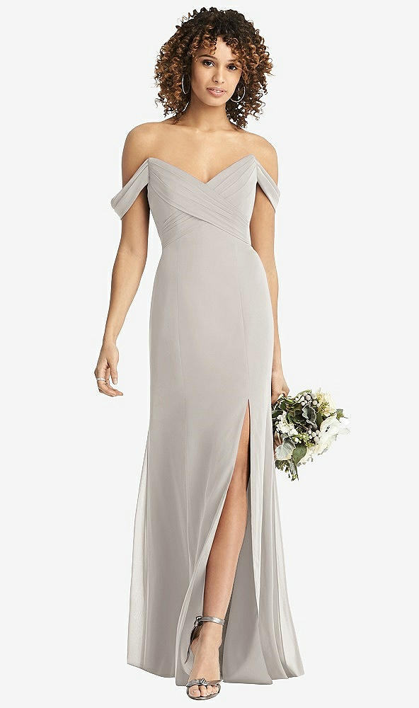 Front View - Oyster Off-the-Shoulder Criss Cross Bodice Trumpet Gown