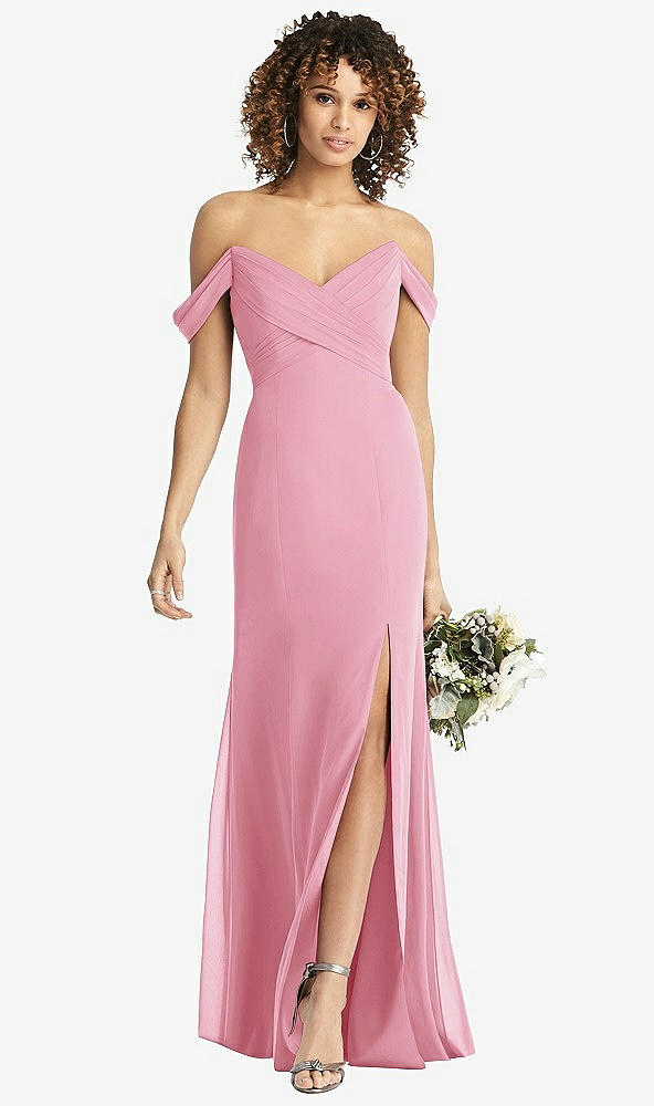 Front View - Peony Pink Off-the-Shoulder Criss Cross Bodice Trumpet Gown
