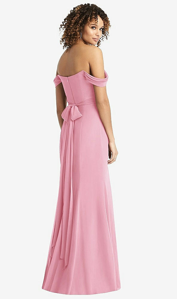 Back View - Peony Pink Off-the-Shoulder Criss Cross Bodice Trumpet Gown