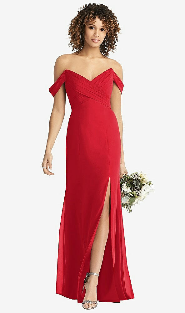 Front View - Parisian Red Off-the-Shoulder Criss Cross Bodice Trumpet Gown