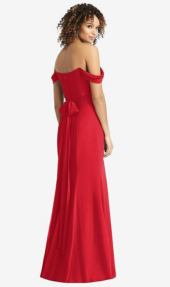 Back View - Parisian Red Off-the-Shoulder Criss Cross Bodice Trumpet Gown