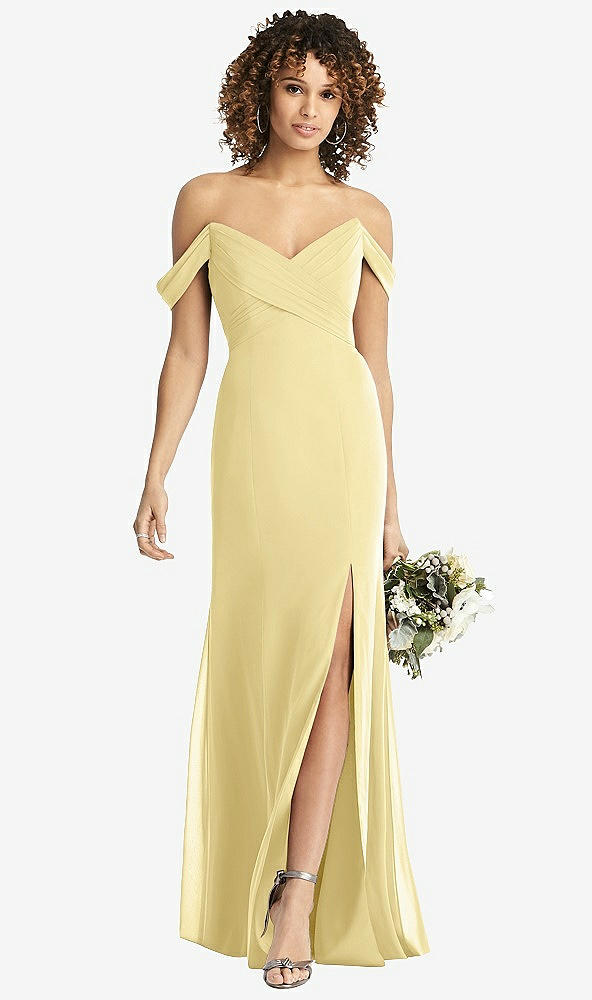 Front View - Pale Yellow Off-the-Shoulder Criss Cross Bodice Trumpet Gown