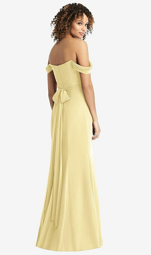 Back View - Pale Yellow Off-the-Shoulder Criss Cross Bodice Trumpet Gown