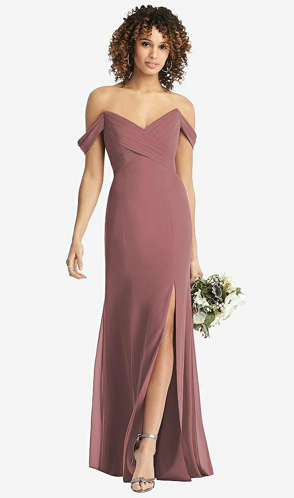 Front View - Rosewood Off-the-Shoulder Criss Cross Bodice Trumpet Gown