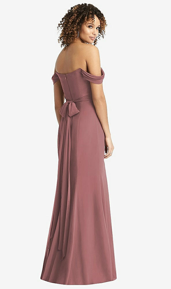 Back View - Rosewood Off-the-Shoulder Criss Cross Bodice Trumpet Gown