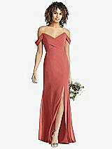 Front View Thumbnail - Coral Pink Off-the-Shoulder Criss Cross Bodice Trumpet Gown