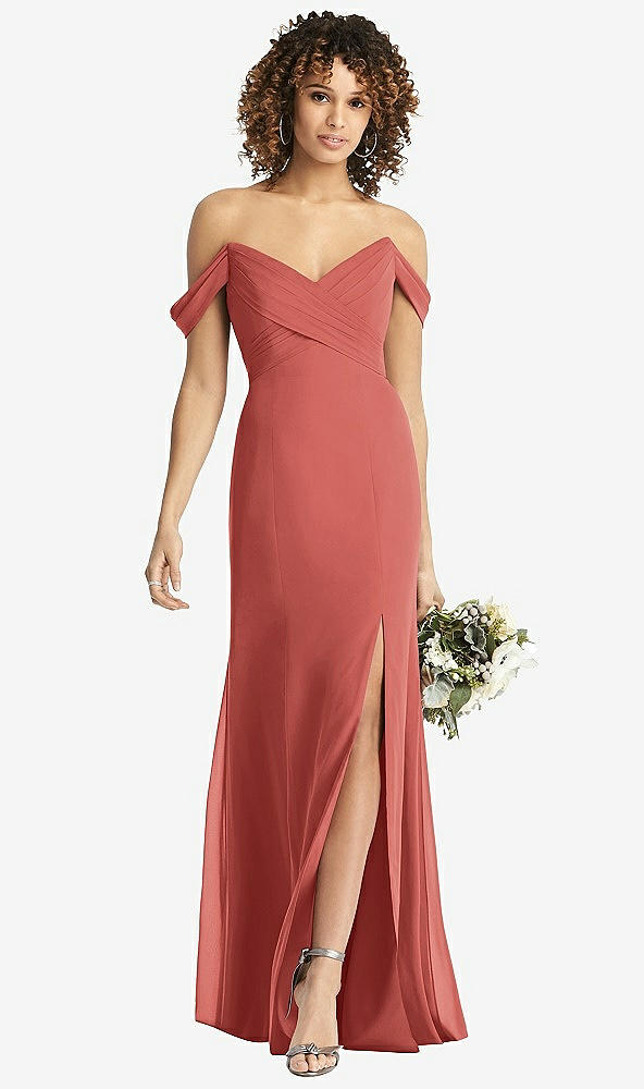 Front View - Coral Pink Off-the-Shoulder Criss Cross Bodice Trumpet Gown
