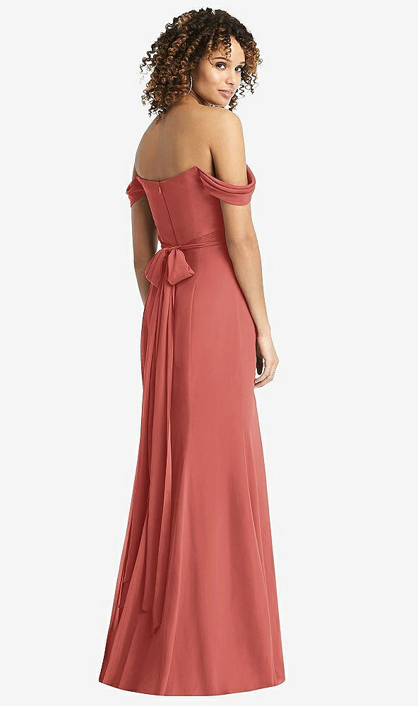 Back View - Coral Pink Off-the-Shoulder Criss Cross Bodice Trumpet Gown