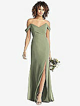 Front View Thumbnail - Sage Off-the-Shoulder Criss Cross Bodice Trumpet Gown