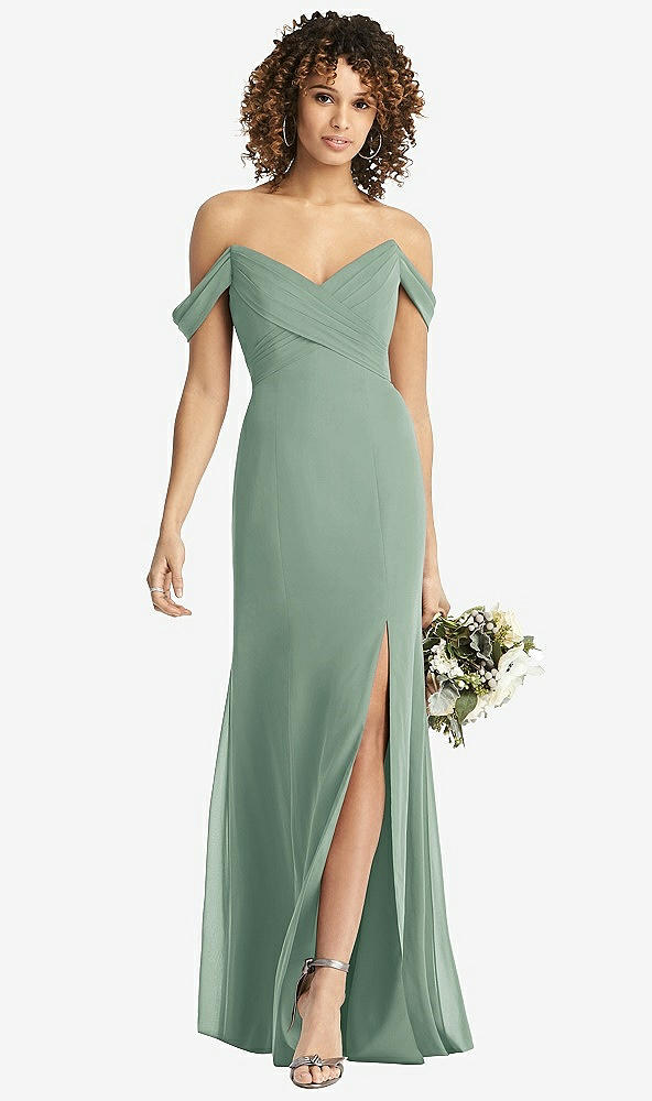 Front View - Seagrass Off-the-Shoulder Criss Cross Bodice Trumpet Gown